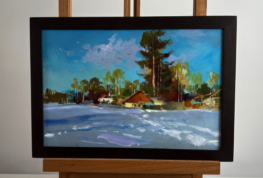 Original Oil Painting Frosty Houses Landscape Winter calm in the village