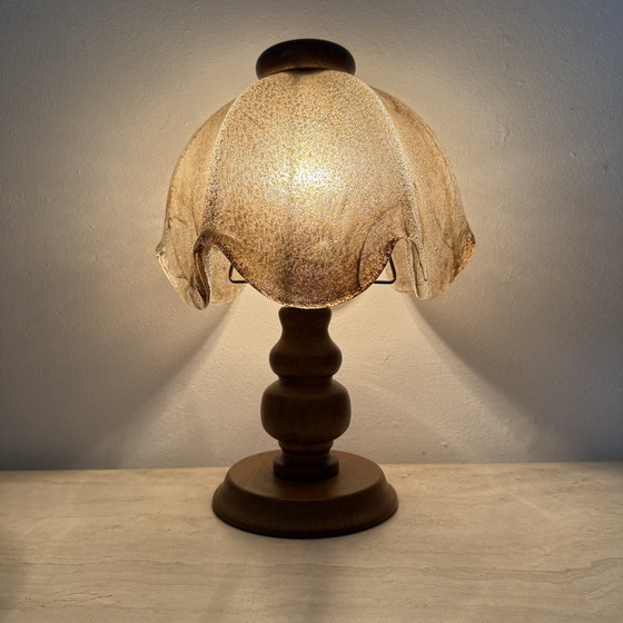 Image 1 of Vintage Brutalist Glass Table Lamp with Solid Oak Wooden Base, 1970s