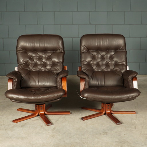 Fauteuil pivotant vintage en cuir - marron - années 1970