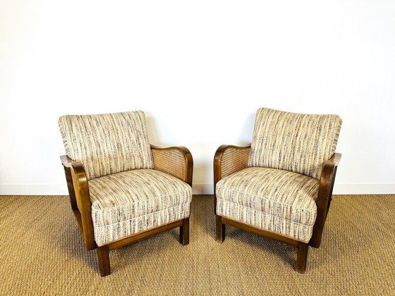 Image 1 of Vintage Art Deco woonkamerset van gebogen hout en riet, 1950, set van 3