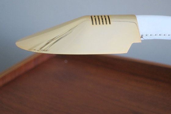 Image 1 of Vintage Italian Inscribed Leather and Gold-Plated Brass Cobra Table Lamp, 1970s
