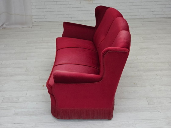 Image 1 of 1960s, Danish 3-seater curved sofa, red furniture velour.