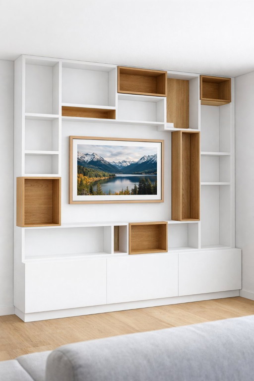 Mobile pensile modulare architettonico (280 cm) – RAL 9010 opaco e impiallacciatura di rovere