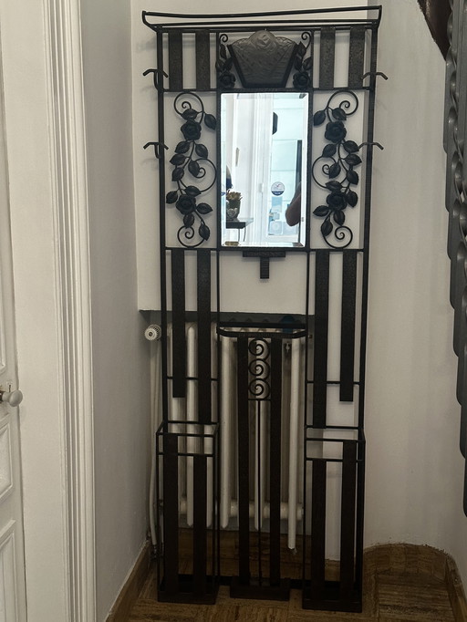 Vestiaire porte-manteaux Art-Deco fer forgé et lampe Degue