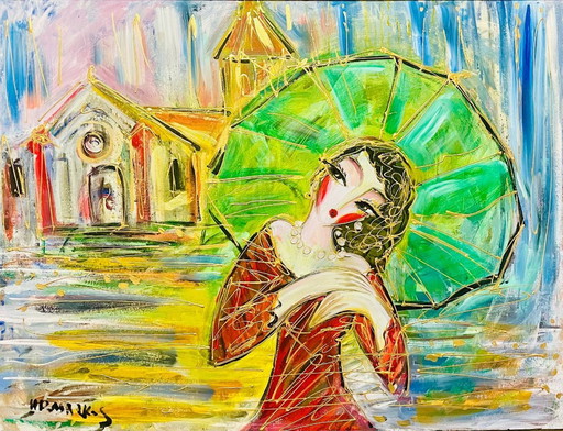 HRASARKOS - Green Umbrella - Artist's Canvas – schilderijen tekeningen