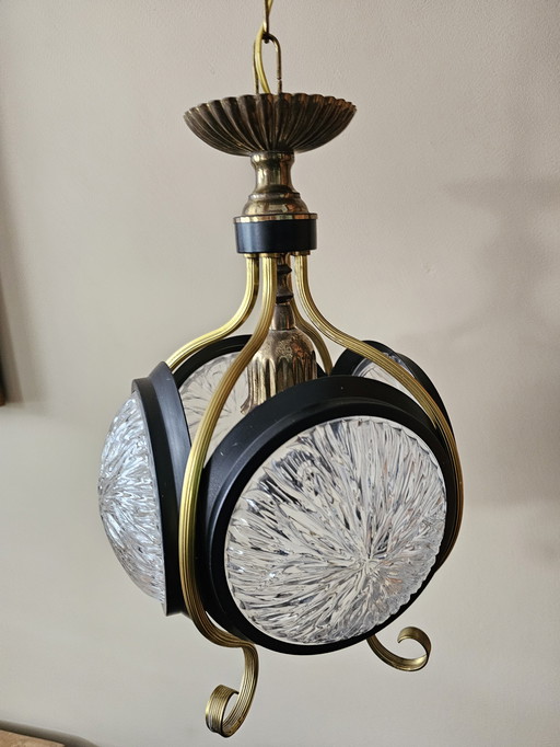Vintage pendant lamp brass and black with 4 glass shades
