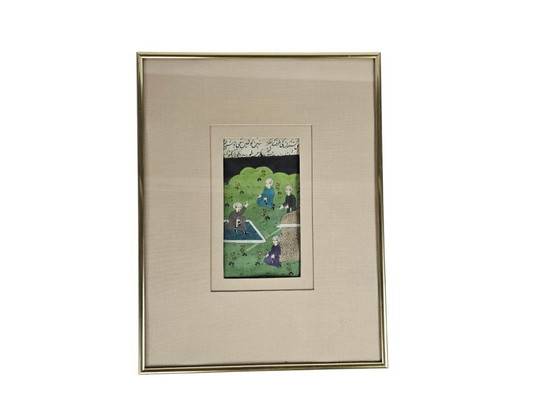 Image 1 of Watercolor - Manuscript - Antiek - Indo - Perzisch - Handgeschept Papier - Miniaturen (3) - Handgeschreven Teksten - 19e Eeuw