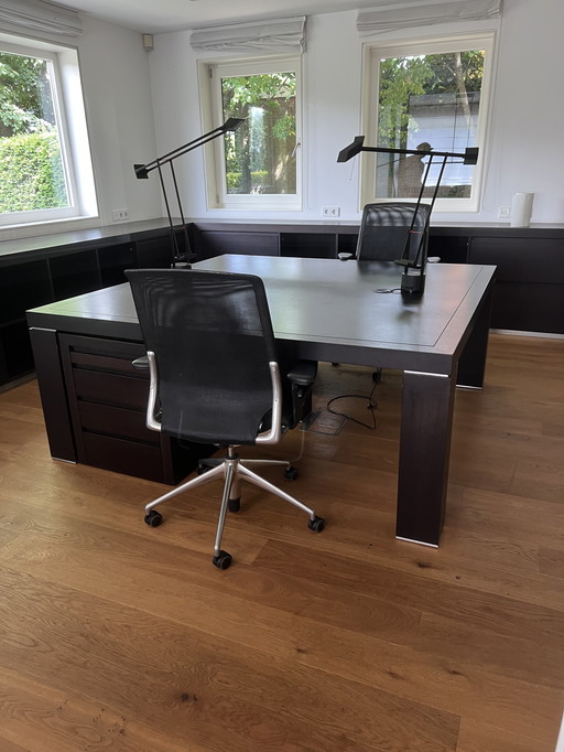 Double wooden desk with leather inlay and drawer units