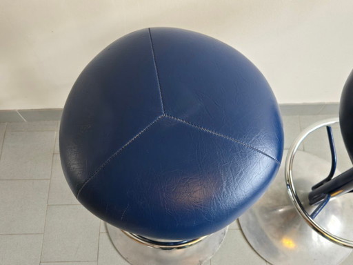 PAIRE DE TABOURETS DE BAR VINTAGE 1970 SIMILI-CUIR BLEU & ALUMINIUM DLG KNOLL