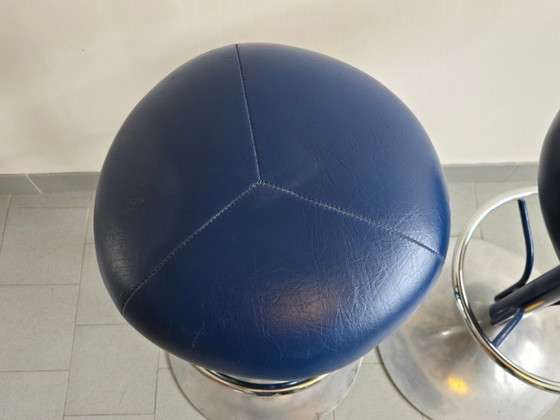 Image 1 of PAIRE DE TABOURETS DE BAR VINTAGE 1970 SIMILI-CUIR BLEU & ALUMINIUM DLG KNOLL