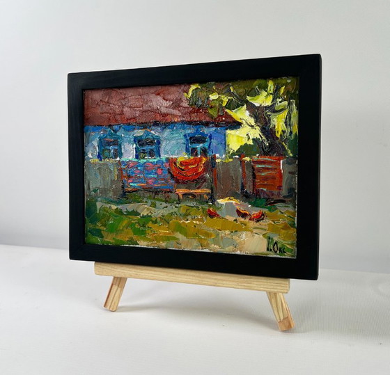 Image 1 of Peinture à l'huile originale, paysage de village d'été. Le soir est arrivé.
