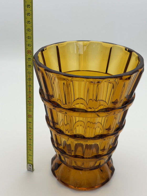 Image 1 of Vintage Amber Glass Vase – Mid Century Design – Heavy Pressed Glass