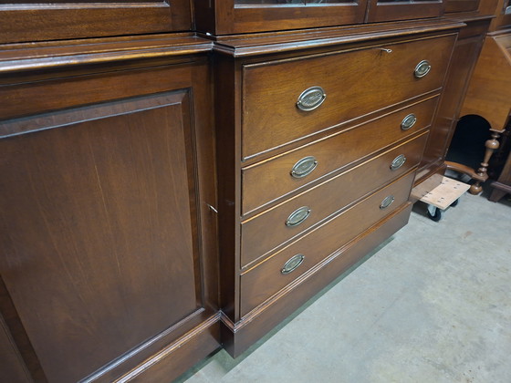 Image 1 of Antieke Engelse vitrinekast, boekenkast, wandmeubel,  met secretaire met ingelegd leer afm. 243x47cm en 221 cm hoog
