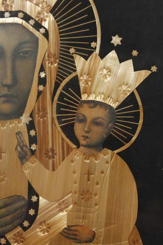 Image 1 of Icona intarsiata in paglia della Madonna Nera di Częstochowa, Polonia, 1979
