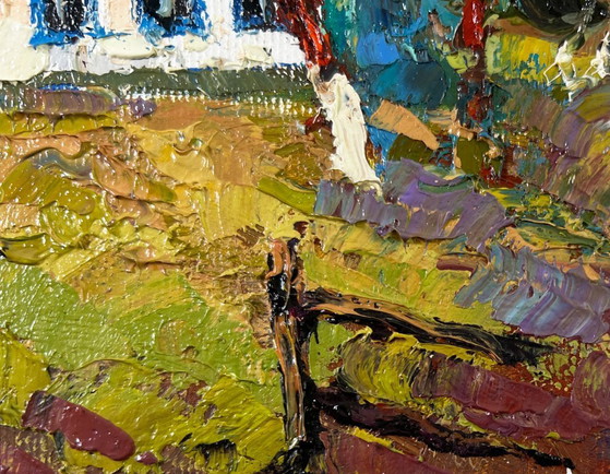 Image 1 of Original Oil Painting Spring Village Landscape Cold March days
