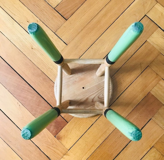 Image 1 of Solid wood stool with green and black legs