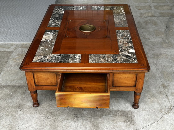 Image 1 of Table basse Robert Tissot en merisier massif, marbre et rafraîchissoir - années 70