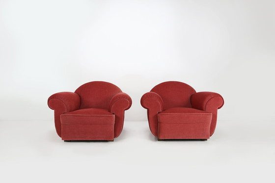 Image 1 of Ensemble de 3 fauteuils en velours rouge Art déco, années 1930