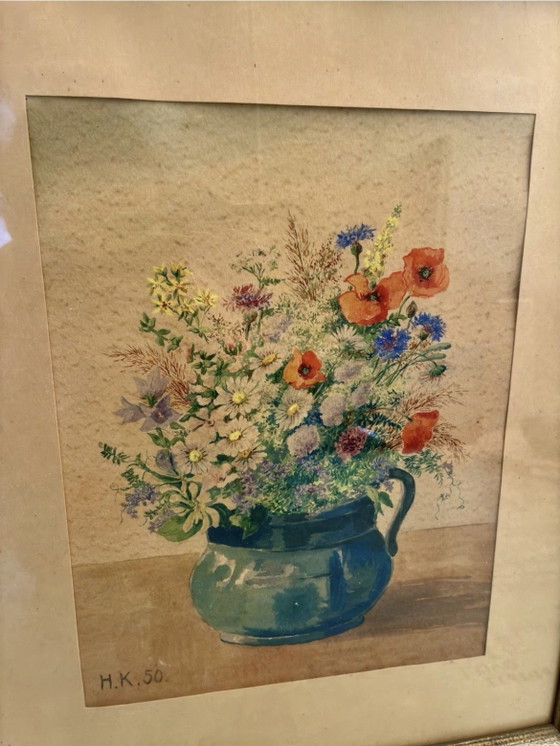 Image 1 of Incantevole quadro d'epoca "Mazzo di fiori selvatici" del 1950 (Monogram H.K.)