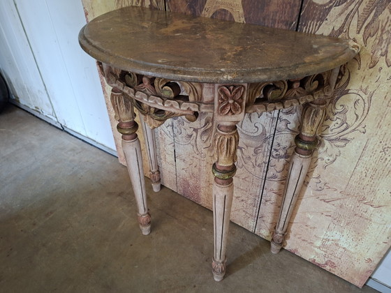 Image 1 of Antique Baroque wall console, side table. Hall table with mirror, dimensions 68x36 cm and 76 cm high.
Small repair to marble top