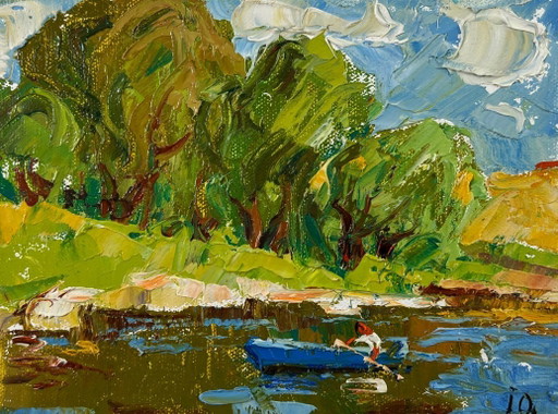Pintura al óleo original: Paisaje costero de verano con sauces junto al estanque.