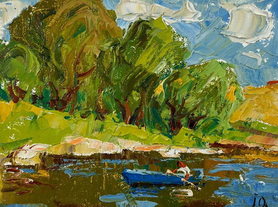 Image 1 of Peinture à l'huile originale représentant un paysage côtier d'été avec des saules au bord d'un étang
