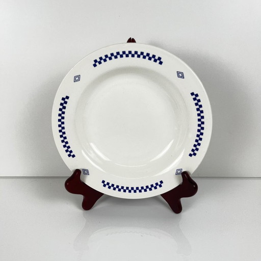 Set of 7 Lustucru soup plates, blue checkerboard pattern, 1950/80