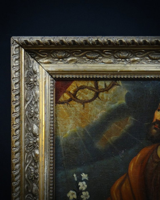 Image 1 of San Giuseppe con in mano un giglio, olio su tela scuola francese del XVIII secolo 51x48 cornice in legno dorato