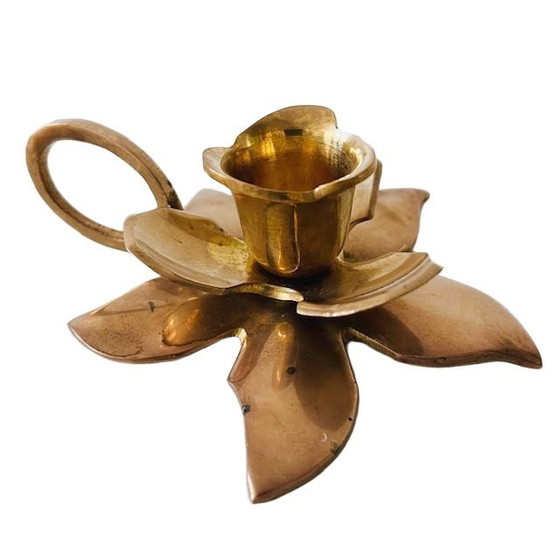 Image 1 of Vintage Brass flower candlestick with handle 1960's