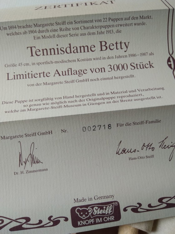 Image 1 of Steiff Filzpuppe Filzpuppe Tennis Lady Betty 1986-1987
