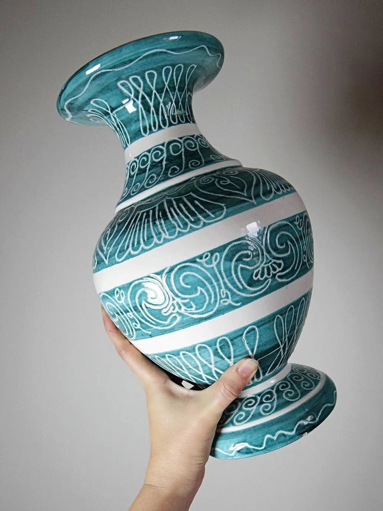 Vaso a balaustro vintage in ceramica turchese con decorazione incisa. – Vasi, Porcellana (photo 7 of 16)