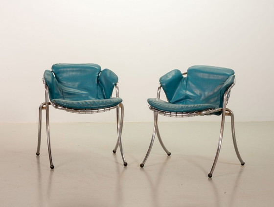 Gastone Rinaldi Italienisches Mid-Century Design Esszimmerstühle aus hellblauem Kunstleder, Modell Lynn für (photo 3 of 10)