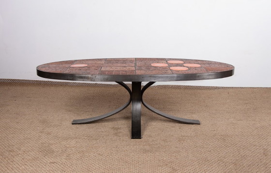 Image 1 of Coffee table in Lava stone, Ceramic and Steel by Jean Jaffeux 1960.