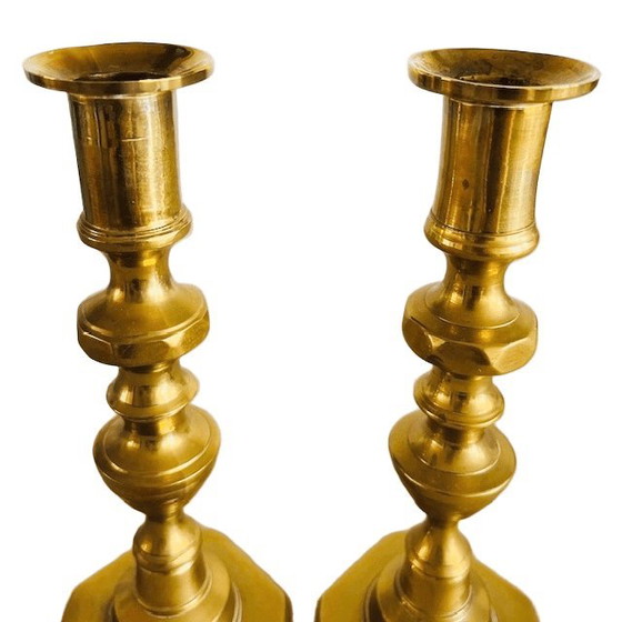 Image 1 of Set of antique English brass pusher candlesticks from the 1890s