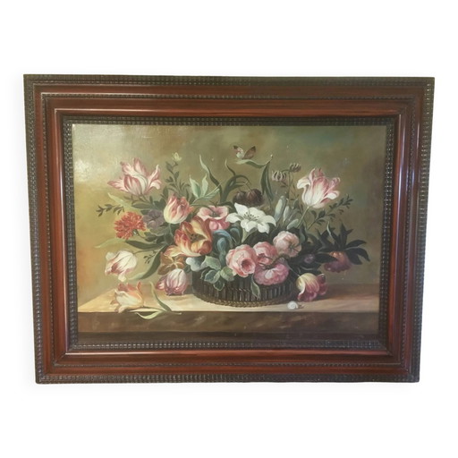 Composition de bouquet de fleurs sur toile 91x71.