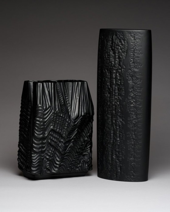 Image 1 of Zeldzame Martin Freyer Rosenthal Bisque Porcelaine Noire Vaas Duo Brutalist Op-Art