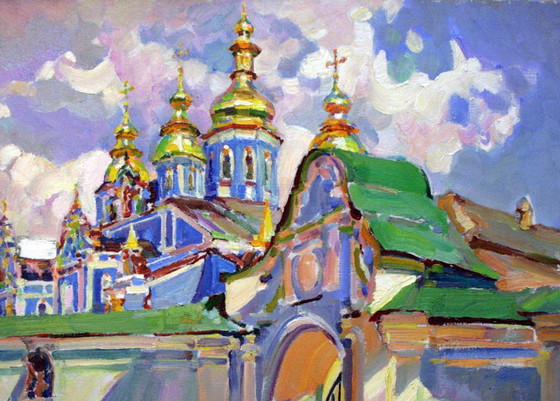 Original Ölgemälde Landschaft Tempelarchitektur Nahe den Toren der Kathedrale – Gemälde & Zeichnungen, Canvas (photo 3 of 5)