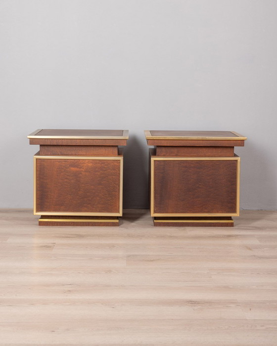 Image 1 of Pair of Vintage 50s Bedside Tables in Brass and Wood Italian Design