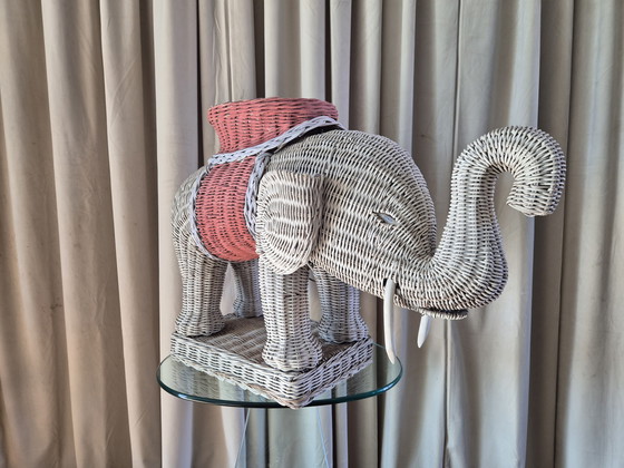 Image 1 of Vintage white and pink wicker elephant