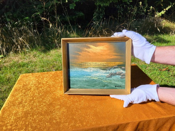 Dipinto a olio vintage incorniciato: Paesaggio marino al tramonto – Dipinti e disegni, Tela (photo 3 of 8)