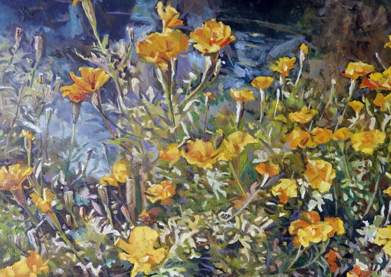 Peinture à l'Huile Originale Art Moderne Fleurs Souci – Peintures et dessins, Canvas, Figuratief (photo 4 of 7)