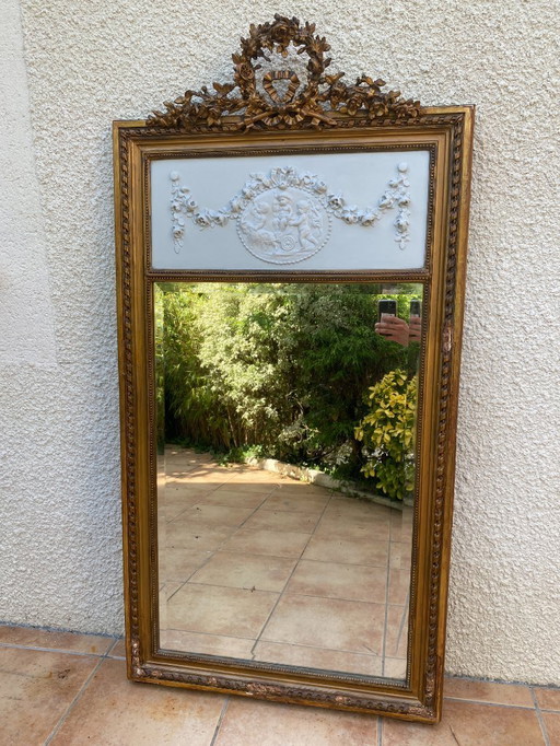 Trumeau-Spiegel XIX. Jahrhundert im Stil Louis XVI. aus mit Blattgold vergoldetem Holz, 74x150cm
