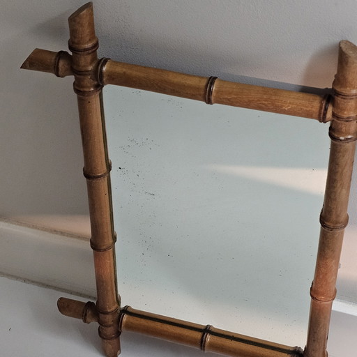 Vintage Rectangular Wooden "Faux Bamboo" Mirror. Weathered Mirror Plate With Wooden Frame.