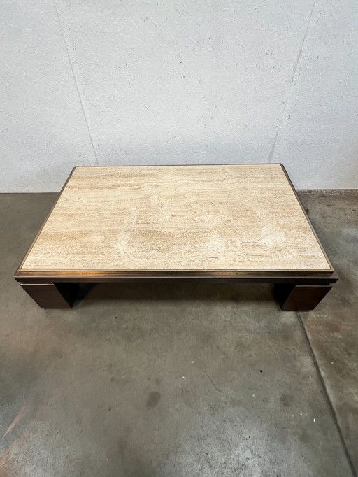 Grande table basse vintage, Belgochrom, Belgique, années 1970. Travertin et laiton