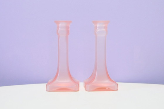 Set x2 portacandele in vetro rosa, Vintage (foto 2 di 5)