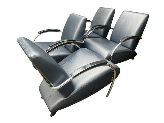 Image 1 of Set van 4 Jan des Bouvrie design fauteuils van leer model 5470 donkerblauw met certificaten