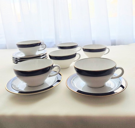 6x Mosa Maastricht cup and saucer set gold and cobalt blue
