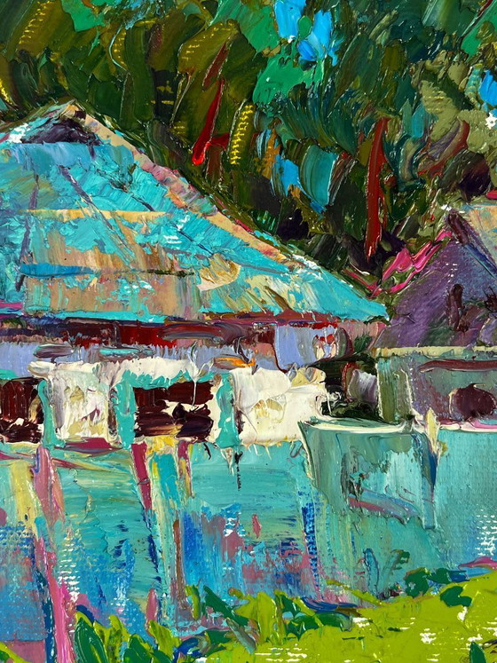 Image 1 of Peinture à l'huile originale, paysage rural, village, retour des champs