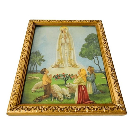 Image 1 of Lithographie religieuse vintage Marie avec trois petits enfants 1940s