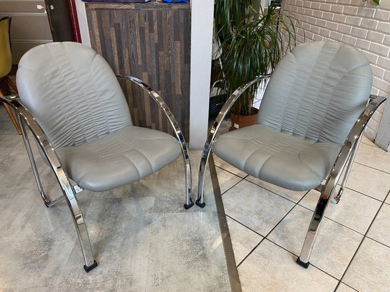 Image 1 of Pareja de sillones plegables Souvignet en cuero cromado gris, 1980